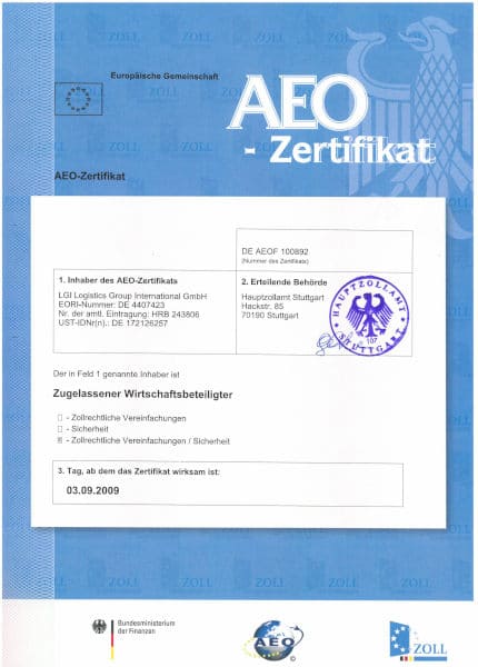 Certificate AEO Authorized Economic Partner Lgi